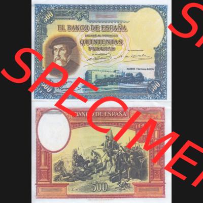 Banknoten Spanien 1935-1935, 500 Peseten. Vorderseite und Rückseite auf einen Digitalen Bild der Banknoten von Spanien 1935-1938, Banknoten aus Satz der Banknoten Spanien 1935-1938... Sammlung