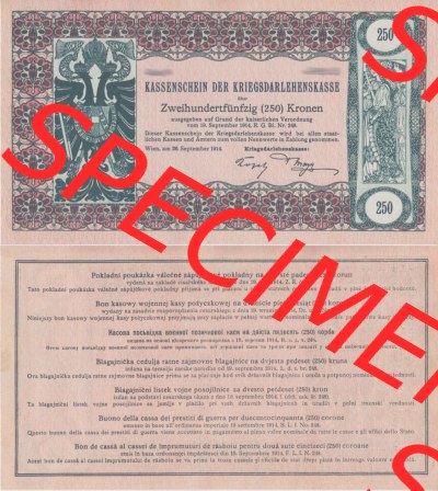 Banknoten Österreich 1914-1914, 250 Kronen KRIEGSDARLEHENSKASSE KASSENSCHEIN. Vorderseite und Rückseite auf einen Digitalen... Sammlung