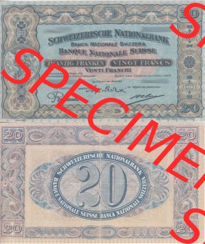 Banknoten Schweiz 1923-1929, 20 Franken. Vorderseite und Rückseite auf einen Digitalen Bild der Banknoten der Schweiz 1913-1955,... Sammlung