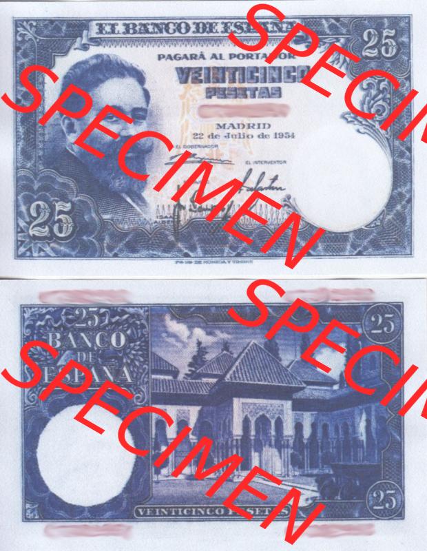 Banknoten Spanien 1954-1954, 25 Peseten. Vorderseite und Rückseite auf einen Digitalen Bild der Banknoten von Spanien 1953-1958, Banknoten aus Satz der Banknoten Spanien 1953-1958... Sammlung