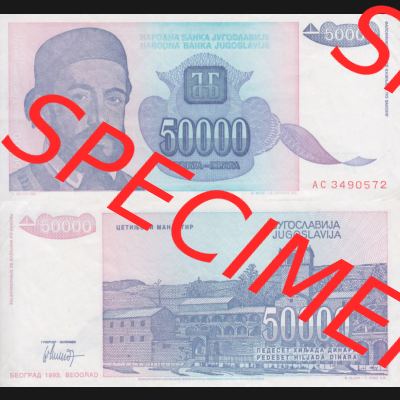 Banknoten Jugoslawien 1993-1993, 50000 Dinar. Vorderseite und Rückseite einer Banknote aus dem nicht mehr existierenden Land Jugoslawien auf einen Digitalen Bild, Banknoten aus... Sammlung