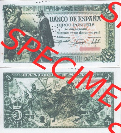 Banknoten Spanien 1945-1945, Peseten. Vorderseite und Rückseite auf einen Digitalen Bild der Banknoten von Spanien 1943, 1945,... Sammlung