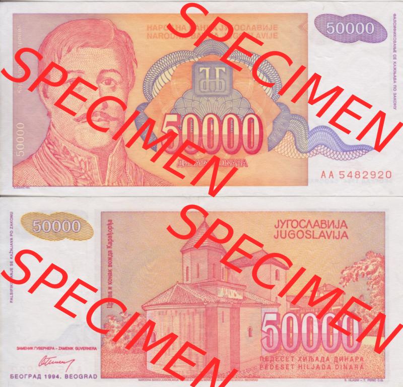 Banknoten Jugoslawien 1994-1994, 50000 Dinar. Vorderseite und Rückseite einer Banknote aus dem nicht mehr existierenden Land Jugoslawien auf einen Digitalen Bild, Banknoten aus... Sammlung