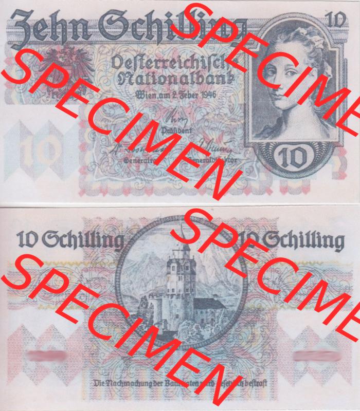 Banknoten Österreich 1946-1946, 10 Schilling. Vorderseite und Rückseite auf einen Digitalen Bild der Banknoten von Österreich 1945-1947, Banknoten aus Satz der Banknoten... Sammlung