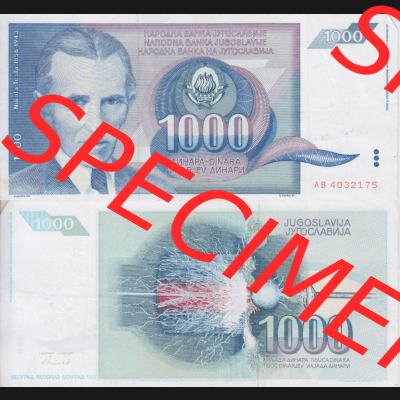 Banknoten Jugoslawien 1991-1991, 1000 Dinar. Vorderseite und Rückseite einer Banknote aus dem nicht mehr existierenden Land Jugoslawien auf einen Digitalen Bild, Banknoten aus Satz... Sammlung