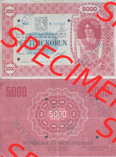 Banknoten Tschechoslowakei 1919-1919, 5000 Korun. Vorderseite und Rückseite auf einen Digitalen Bild der Banknoten der Tschechoslowakei... Sammlung
