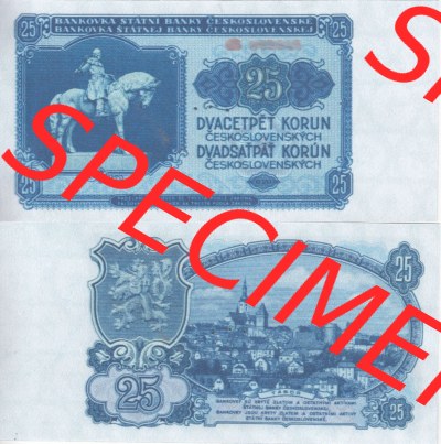 Banknoten Tschechoslowakei 1953-1953, 25 Kronen. Vorderseite und Rückseite auf einen Digitalen Bild der Banknoten der Tschechoslowakei... Sammlung