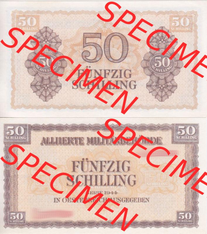 Banknoten Österreich 1944-1944, 50 Schilling Alliierte Militärbehörde. Vorderseite und Rückseite auf einen Digitalen Bild der Banknoten von Österreich 1944 Alliierte... Sammlung