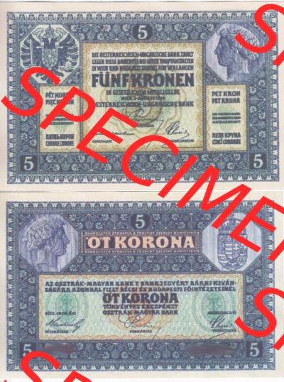 Banknoten Österreich 1914-1914, 5 Kronen. Vorderseite und Rückseite auf einen Digitalen Bild der Banknoten von Österreich 1913-1919,... Sammlung