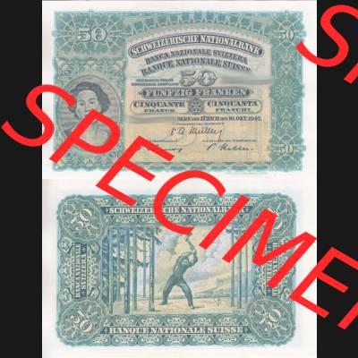Banknoten Schweiz 1924-1955, 50 Franken. Vorderseite und Rückseite auf einen Digitalen Bild der Banknoten der Schweiz 1913-1955, Banknoten aus Satz der Banknoten Schweiz 1913-1955... Sammlung