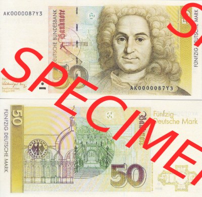 BRD Deutschland Deutsche Bundesbank 1989-1993, 50 DM-Deutsche Mark. Vorderseite und Rückseite auf einen Digitalen Bild der Banknoten... Sammlung
