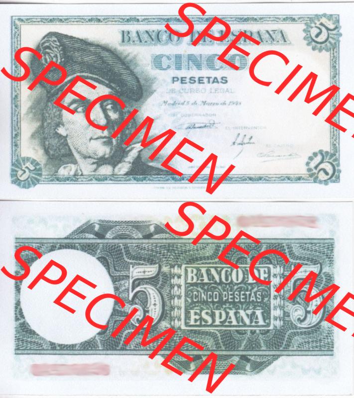 Banknoten Spanien 1948-1948, 5 Peseten. Vorderseite und Rückseite auf einen Digitalen Bild der Banknoten von Spanien 1946-1949, Banknoten aus Satz der Banknoten Spanien 1946-1949... Sammlung