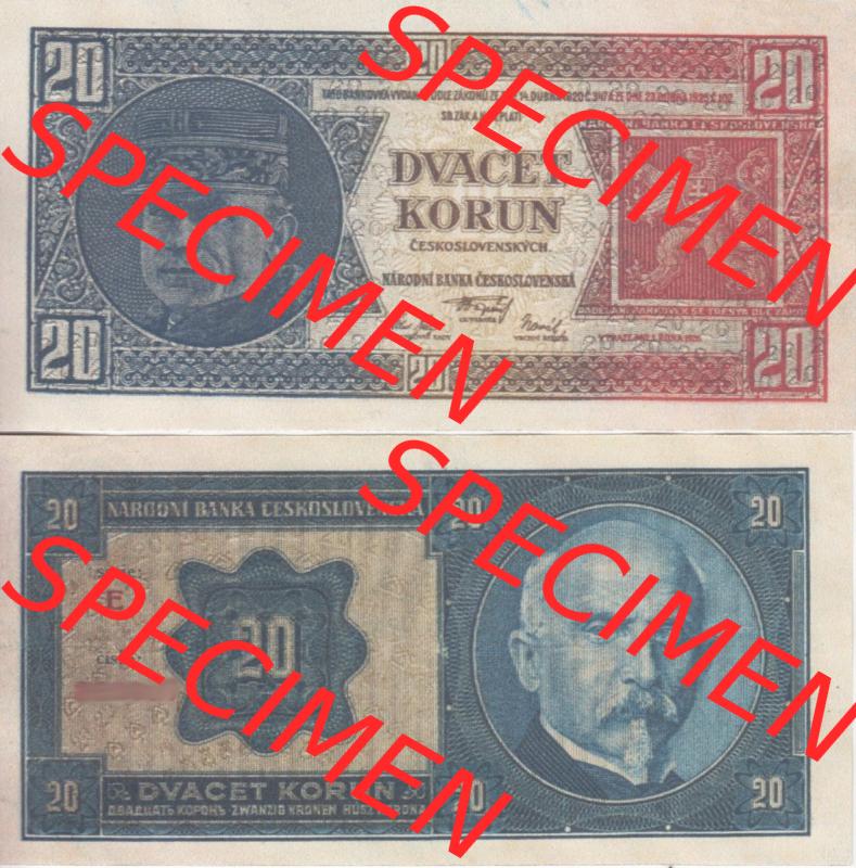 Banknoten Tschechoslowakei 1926-1926, 20 Kronen. Vorderseite und Rückseite auf einen Digitalen Bild der Banknoten der Tschechoslowakei 1926-1934, Banknoten aus Satz der Banknoten... Sammlung