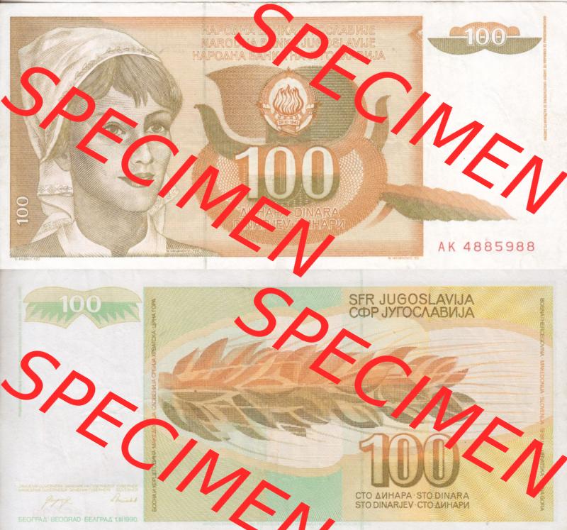 Banknoten Jugoslawien 1990-1990, 100 Dinar. Vorderseite und Rückseite einer Banknote aus dem nicht mehr existierenden Land Jugoslawien auf einen Digitalen Bild, Banknoten aus Satz... Sammlung