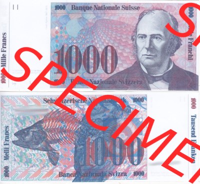 Banknoten Schweiz 1985-1985, 1000 Franken. Vorderseite und Rückseite auf einen Digitalen Bild der Banknoten der Schweiz 1983-1985,... Sammlung
