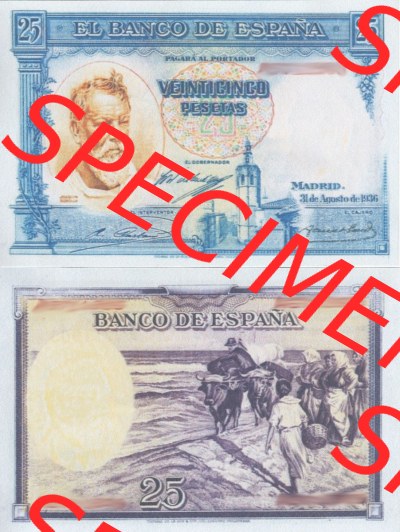 Banknoten Spanien 1936-1938, 25 Peseten. Vorderseite und Rückseite auf einen Digitalen Bild der Banknoten von Spanien 1935-1938,... Sammlung