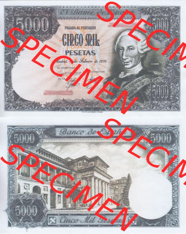 Banknoten Spanien 1976-1978, 5000 Peseten. Vorderseite und Rückseite auf einen Digitalen Bild der Banknoten von Spanien 1965-1978, Banknoten aus Satz der Banknoten Spanien 1965-1978... Sammlung