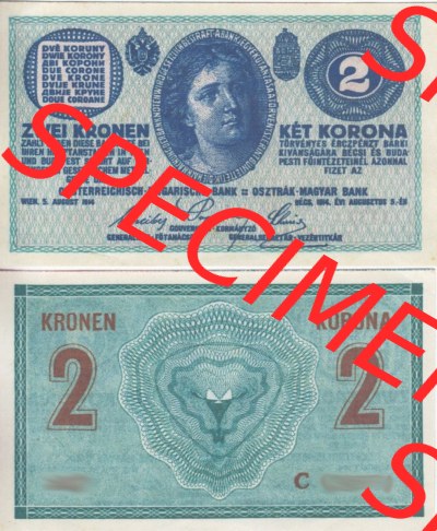 Banknoten Österreich 1914-1914, 2 Kronen. Vorderseite und Rückseite auf einen Digitalen Bild der Banknoten von Österreich 1913-1919,... Sammlung