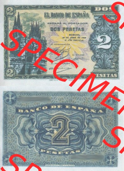 Banknoten Spanien 1938-1938, 2 Peseten. Vorderseite und Rückseite auf einen Digitalen Bild der Banknoten von Spanien 1937-1938,... Sammlung