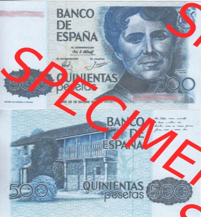 Banknoten Spanien 1979-1983, 500 Peseten. Vorderseite und Rückseite auf einen Digitalen Bild der Banknoten von Spanien 1979-1987,... Sammlung