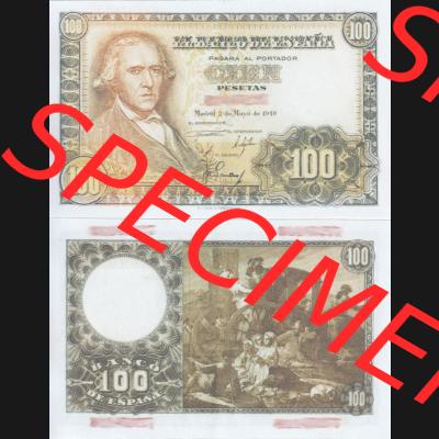 Banknoten Spanien 1948-1948, 100 Peseten. Vorderseite und Rückseite auf einen Digitalen Bild der Banknoten von Spanien 1946-1949, Banknoten aus Satz der Banknoten Spanien 1946-1949... Sammlung