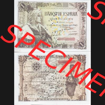 Banknoten Spanien 1945-1945, 1 Pesete. Vorderseite und Rückseite auf einen Digitalen Bild der Banknoten von Spanien 1943, 1945, Banknoten aus Satz der Banknoten Spanien 1943,... Sammlung