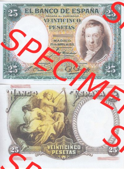 Banknoten Spanien 1931-1931, 25 Peseten. Vorderseite und Rückseite auf einen Digitalen Bild der Banknoten von Spanien 1931, Banknoten... Sammlung