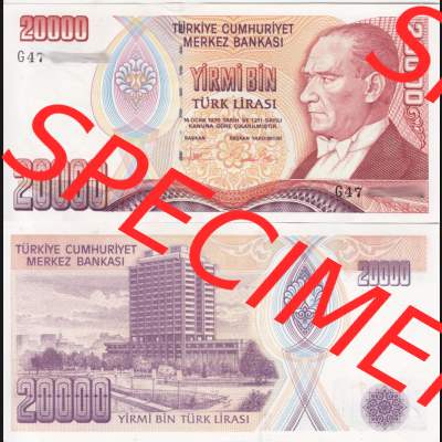 Banknote Türkei 1970, 20000 Lire. Vorderseite und Rückseite auf einen Digitalen Bild der Banknoten der Türkei 1968-1986, Banknoten aus Satz der Banknoten der Türkei... Sammlung