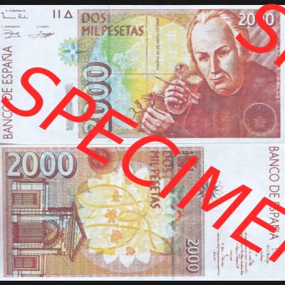 Banknoten Spanien 1992-1996, 2000 Peseten 1 Seriennummer. Vorderseite und Rückseite auf einen Digitalen Bild der Banknoten von Spanien 1992-1996, Banknoten aus Satz der Banknoten... Sammlung