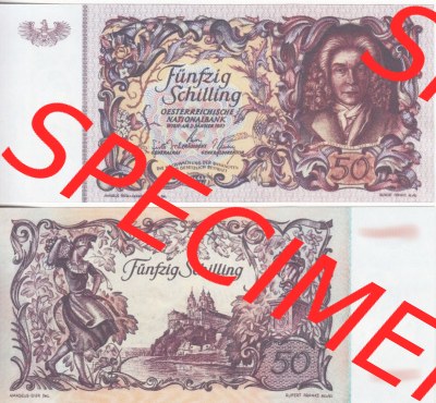Banknoten Österreich 1951-1951, 50 Schilling. Vorderseite und Rückseite auf einen Digitalen Bild der Banknoten von Österreich... Sammlung