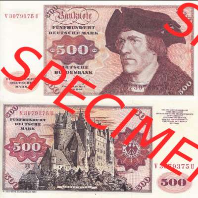 BRD Deutschland Deutsche Bundesbank 1980, 500 DM-Deutsche Mark. Vorderseite und Rückseite auf einen Digitalen Bild der Banknoten Deutschland Deutsche Bundesbank 1980, Banknoten... Sammlung