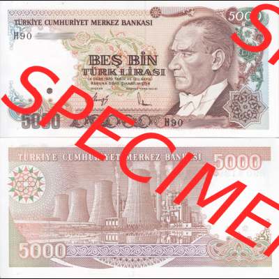 Banknote Türkei 1970, 5000 Lire. Vorderseite und Rückseite auf einen Digitalen Bild der Banknoten der Türkei 1968-1986, Banknoten aus Satz der Banknoten der Türkei... Sammlung
