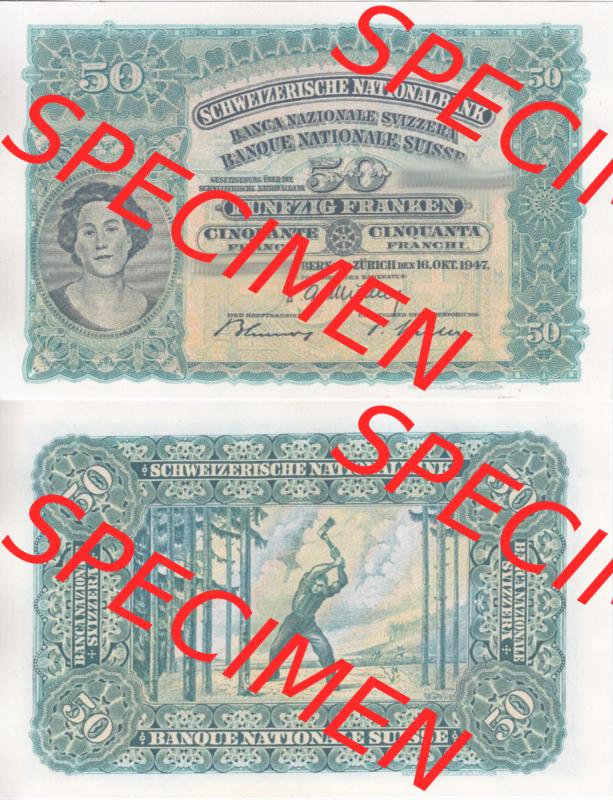 Banknoten Schweiz 1924-1955, 50 Franken. Vorderseite und Rückseite auf einen Digitalen Bild der Banknoten der Schweiz 1913-1955, Banknoten aus Satz der Banknoten Schweiz 1913-1955... Sammlung