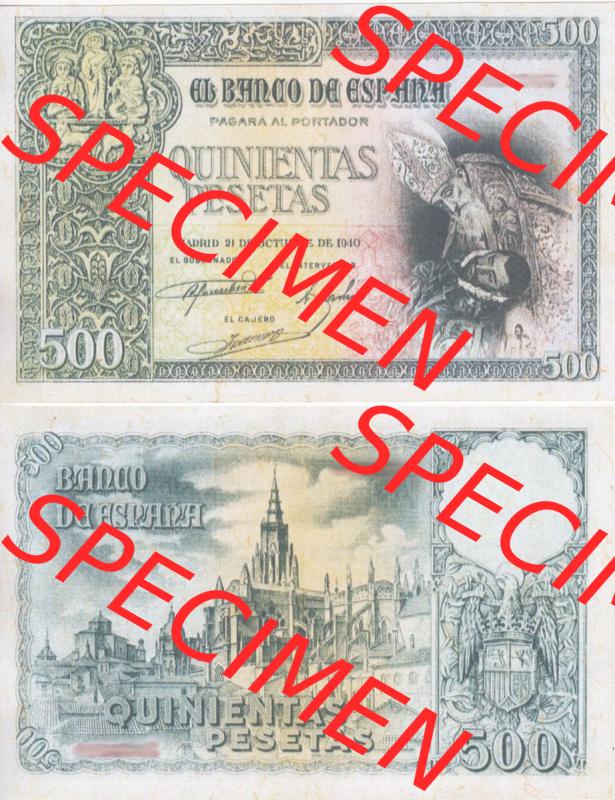 Banknoten Spanien 1940-1940, 500 Peseten. Vorderseite und Rückseite auf einen Digitalen Bild der Banknoten von Spanien 1940, 1943, 1945, Banknoten aus Satz der Banknoten... Sammlung