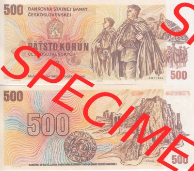Banknoten Tschechoslowakei 1973-1973, 500 Kronen. Vorderseite und Rückseite auf einen Digitalen Bild der Banknoten der Tschechoslowakei... Sammlung