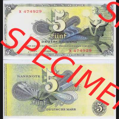 BRD Deutschland Bank Deutscher Länder 1948, 5 DM Deutsche Mark. Vorderseite und Rückseite auf einen Digitalen Bild der Banknoten Deutschland 1948 der Bank Deutscher Länder,... Sammlung