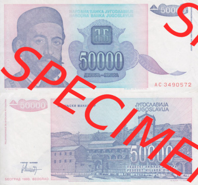 Banknoten Jugoslawien 1993-1993, 50000 Dinar. Vorderseite und Rückseite einer Banknote aus dem nicht mehr existierenden Land... Sammlung
