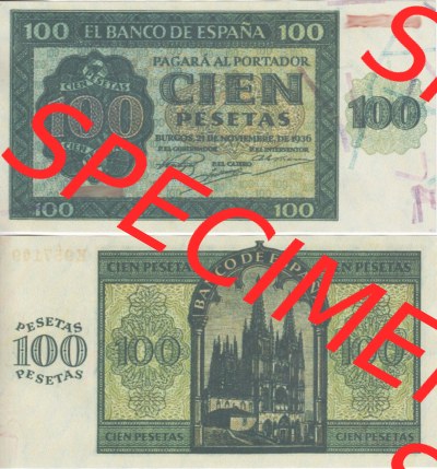 Banknoten Spanien 1936-1936, 100 Peseten. Vorderseite und Rückseite auf einen Digitalen Bild der Banknoten von Spanien 1936,... Sammlung