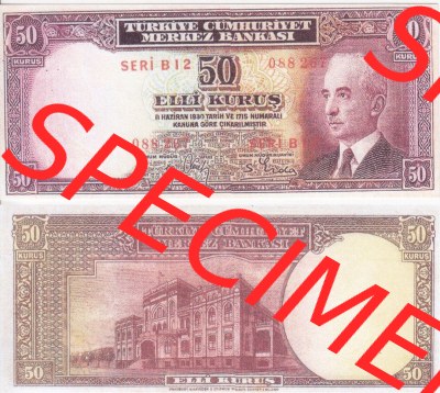 Banknote Türkei 1942-1944, P133, 50 Kurus. Vorderseite und Rückseite auf einen Digitalen Bild der Banknoten der Türkei 1940-1944,... Sammlung