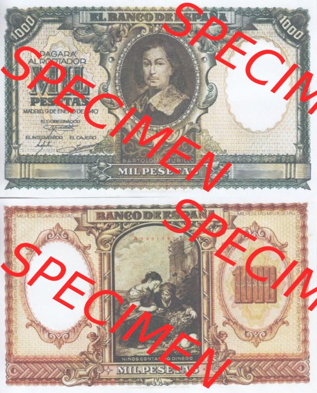 Banknoten Spanien 1940-1943, 1000 Pesten. Vorderseite und Rückseite auf einen Digitalen Bild der Banknoten von Spanien 1940, 1943, 1945, Banknoten aus Satz der Banknoten... Sammlung