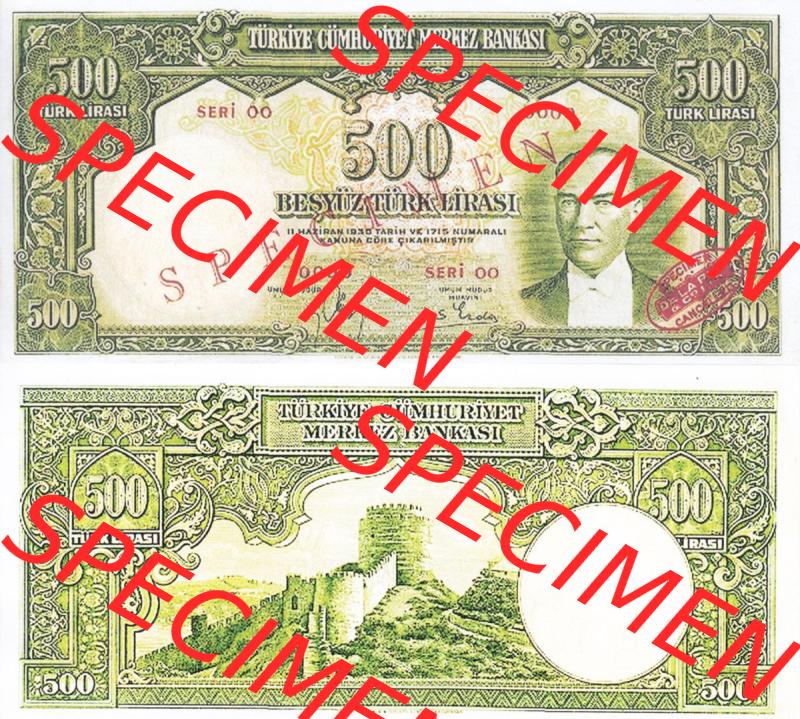 Banknote Türkei 1939, P131, 500 Lira. Vorderseite und Rückseite auf einen Digitalen Bild der Banknoten der Türkei 1937-1939, Banknoten aus Satz der Banknoten der... Sammlung