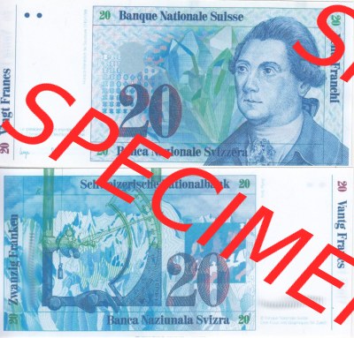 Banknoten Schweiz 1985-1985, 20 Franken. Vorderseite und Rückseite auf einen Digitalen Bild der Banknoten der Schweiz 1983-1985,... Sammlung