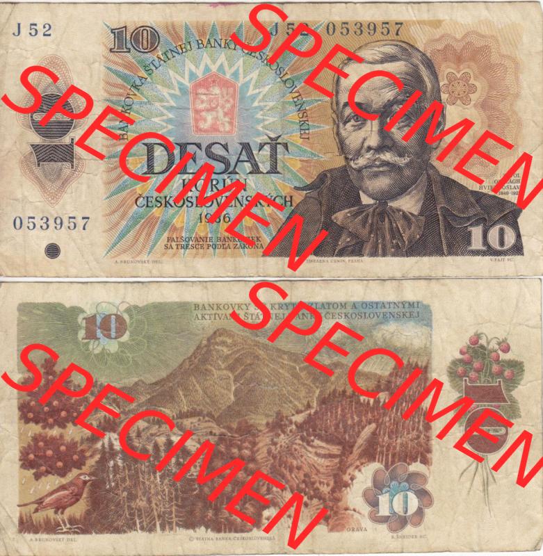Banknoten Tschechoslowakei 1986-1986, 10 Korun II.. Vorderseite und Rückseite auf einen Digitalen Bild der Banknoten der Tschechoslowakei 1970-1988, Banknoten aus Satz der... Sammlung