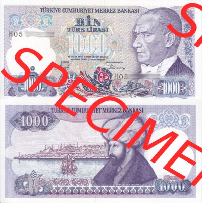 Banknote Türkei 1970, 1000 Lire. Vorderseite und Rückseite auf einen Digitalen Bild der Banknoten der Türkei 1968-1986, Banknoten... Sammlung