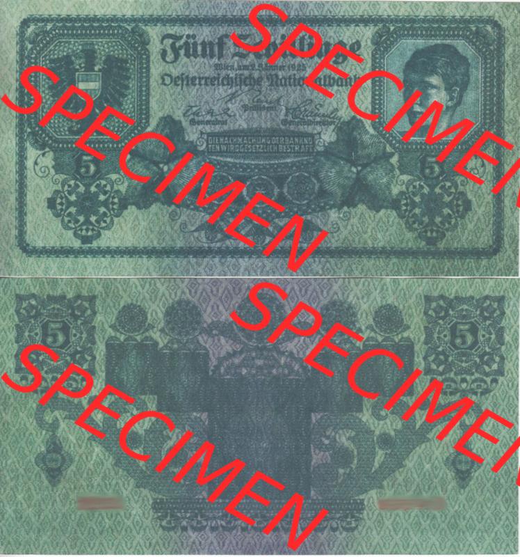 Banknoten Österreich 1925-1925, 5 Schilling. Vorderseite und Rückseite auf einen Digitalen Bild der Banknoten von Österreich 1924 und 1925, Banknoten aus 2 Sätzen... Sammlung