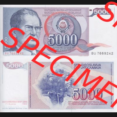 Banknoten Jugoslawien 1985-1985, 5000 Dinar. Vorderseite und Rückseite einer Banknote aus dem nicht mehr existierenden Land Jugoslawien auf einen Digitalen Bild, Banknoten aus Satz... Sammlung
