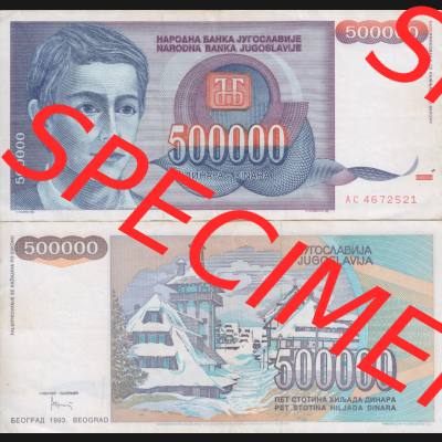 Banknoten Jugoslawien 1993-1993, 500000 Dinar. Vorderseite und Rückseite einer Banknote aus dem nicht mehr existierenden Land Jugoslawien auf einen Digitalen Bild, Banknoten aus... Sammlung