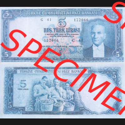 Banknote Türkei 1952, P154, 5 Lira. Vorderseite und Rückseite auf einen Digitalen Bild der Banknoten der Türkei 1951-1960, Banknoten aus Satz der Banknoten der Türkei... Sammlung