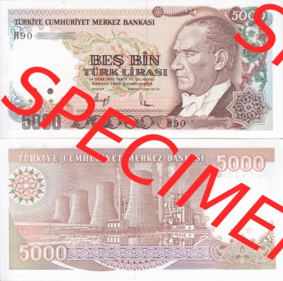 Banknote Türkei 1970, 5000 Lire. Vorderseite und Rückseite auf einen Digitalen Bild der Banknoten der Türkei 1968-1986, Banknoten... Sammlung