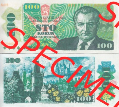 Banknoten Tschechoslowakei 1989-1989, 100 Kronen. Vorderseite und Rückseite auf einen Digitalen Bild der Banknoten der Tschechoslowakei... Sammlung